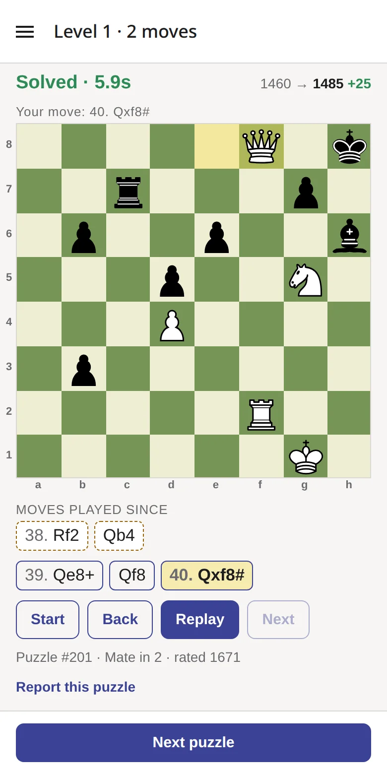 After solving: the real board replays the moves, ending on the mate Qxf8