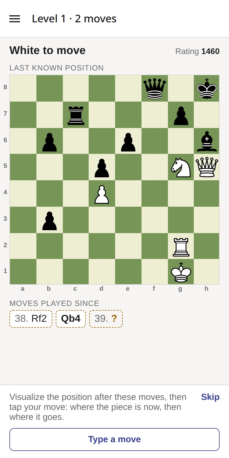 A puzzle in the app: the frozen board, with the moves Rf2 and Qb4 played since, shown only as dashed notation, and a question mark for your move